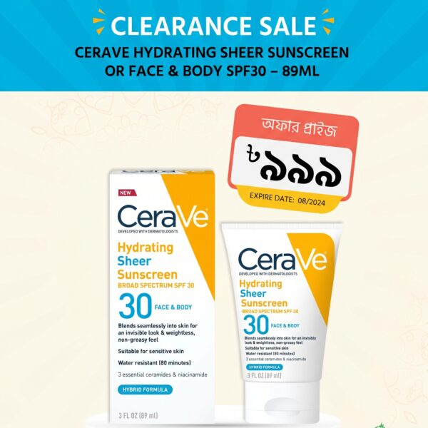 CeraVe Hydrating Sheer Sunscreen Broad Spectrum SPF 30 89ml – Face & Body Hybrid Sunscreen