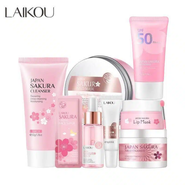 LAIKOU Japan Sakura Skin Care 8-Piece Set – Complete Brightening, Hydrating & Sunscreen Combo Kit