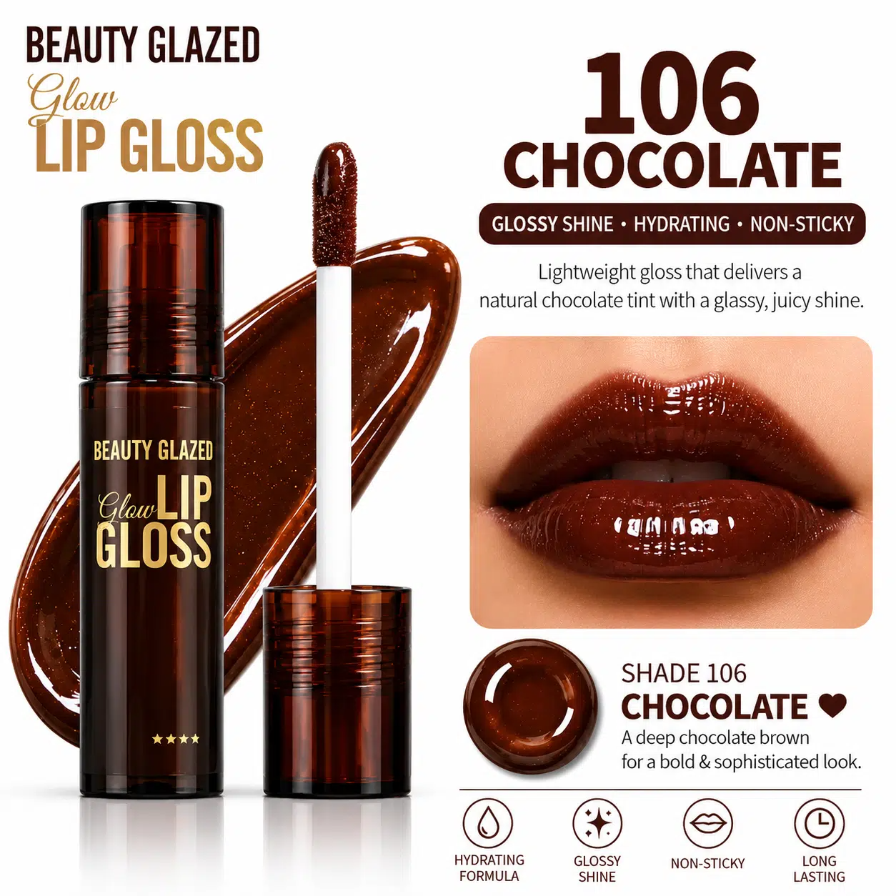 imgi_1_Beauty-Glazed-Glow-Lip-Gloss-Chocolate-106-1 Beauty Glazed Glow Lip Gloss - Shade 106 Chocolate - Image 1