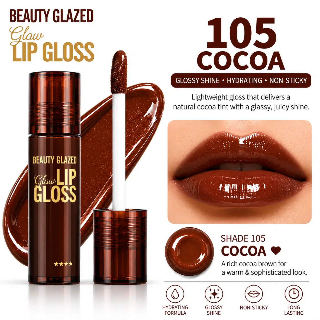 imgi_1_Beauty-Glazed-Glow-Lip-Gloss-Cocoa-105 Beauty Glazed Glow Lip Gloss - Shade 105 Cocoa - Image 1