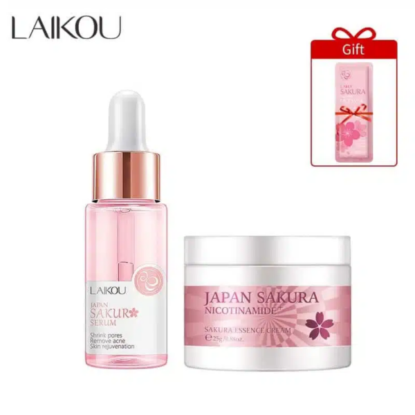 LAIKOU Japan Sakura Skincare Combo with Free Gift (Sakura Essence Cream 25g + Sakura Serum + Free Sakura Face Mask Sachet)